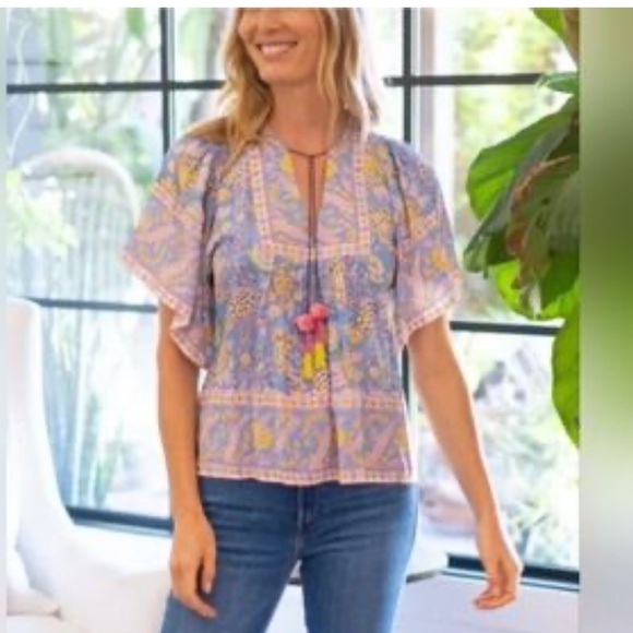 Bell By Alicia Bell Angel Top Blouse Cotton Silk Blue Pink Size S - Picture 11 of 11